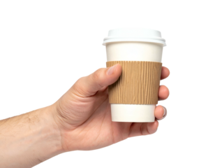 A person's hand holding a small disposable paper cup with a lid and sleeve