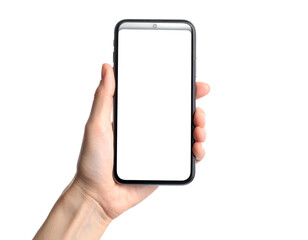 Human hand holding a modern smartphone with a blank white screen isolated on black