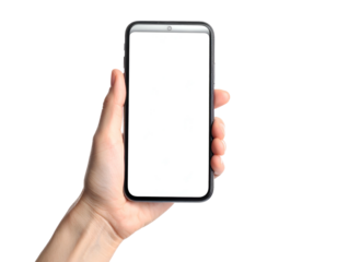 Human hand holding a modern smartphone with a blank white screen isolated on black