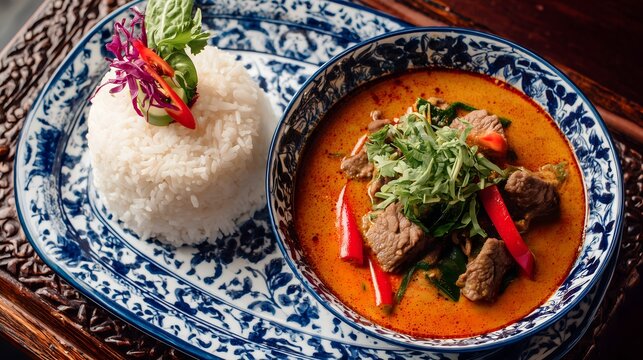 Panang Red Curry with Beef and Steamed Jasmine Rice on Traditional Blue and White Plate	