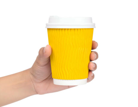 Hand holding a bright yellow disposable paper cup with white lid against a black background