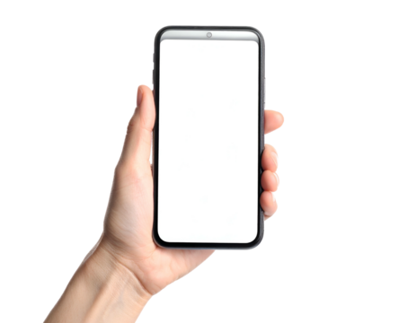 Human hand holding a modern smartphone with a blank white screen isolated on black