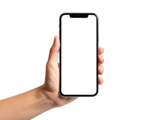 Human hand holds a modern smartphone against a solid black background, screen blank