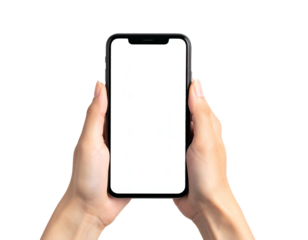 A person's hands hold a modern touchscreen device with a bright, blank white display