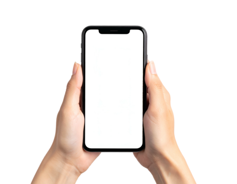 A person's hands hold a modern touchscreen device with a bright, blank white display