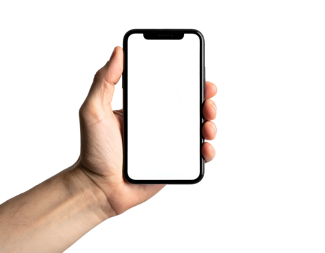 A hand grasping a modern smartphone with a blank, white screen against a black background