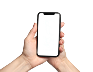 A pair of hands holds a smartphone with a blank white screen against a black backdrop