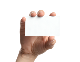 A human hand, on a black background, presenting a blank rectangular card for display