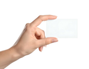 Obraz premium Hand delicately holding a blank white rectangular card against a solid black background