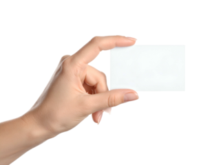 Hand delicately holding a blank white rectangular card against a solid black background