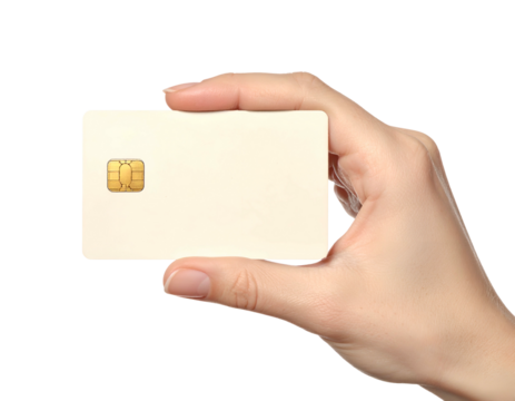Close-up view of a person's hand holding a blank, cream-colored credit card