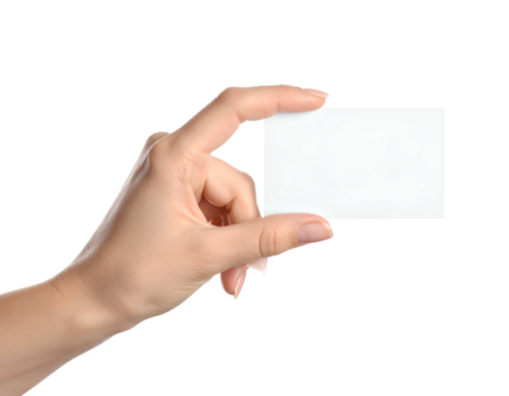Hand delicately holding a blank white rectangular card against a solid black background
