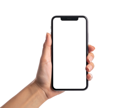 A hand delicately holds a modern touchscreen smartphone with a blank, white display