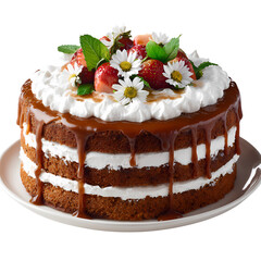Delicious chocolate layer cake with fresh strawberries and whipped cream isolated on transparent background