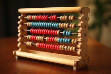 Colorful wooden abacus standing on a desk, representing traditional calculation methods and mathematical concepts
