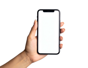 Hand holding a modern smartphone with a bright, blank screen against a black background