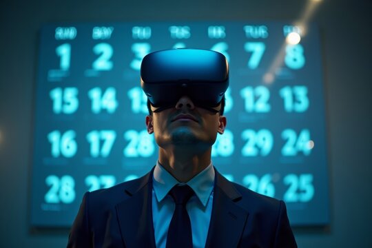 Title: Top view of a corporate leader using a virtual reality headset in front of a cutting-edge digital calendar projection. - Powered by Adobe