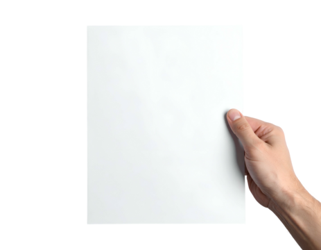 A human hand presents a clean, rectangular white sheet of paper against a black background