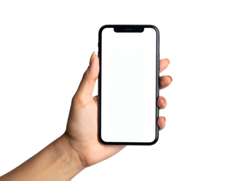 Hand holding a modern smartphone with a bright, blank screen against a black background