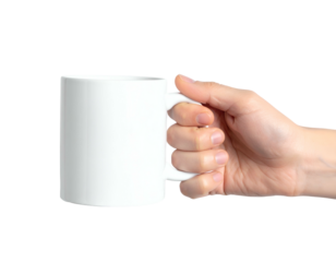 A human hand delicately holding a white ceramic mug, isolated on black