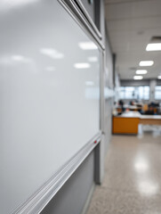 Obraz premium Empty whiteboard in a modern classroom setting.