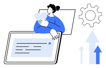 Person holding a heart while interacting with a digital tablet, accompanied by a gear and upward arrows. Ideal for technology, innovation, health, progress, care, personalization teamwork. Simple
