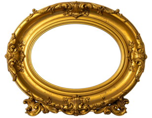 Ornate, oval, golden picture frame with intricate carvings on a transparent background
