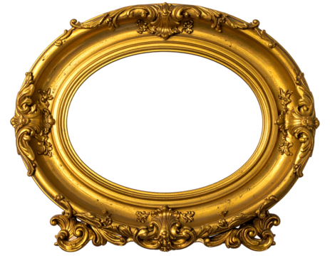 Ornate, oval, golden picture frame with intricate carvings on a transparent background