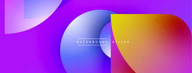 Abstract vibrant shapes overlap. Purple, blue, yellow, orange hues create dynamic visual effect. Modern design elements present.