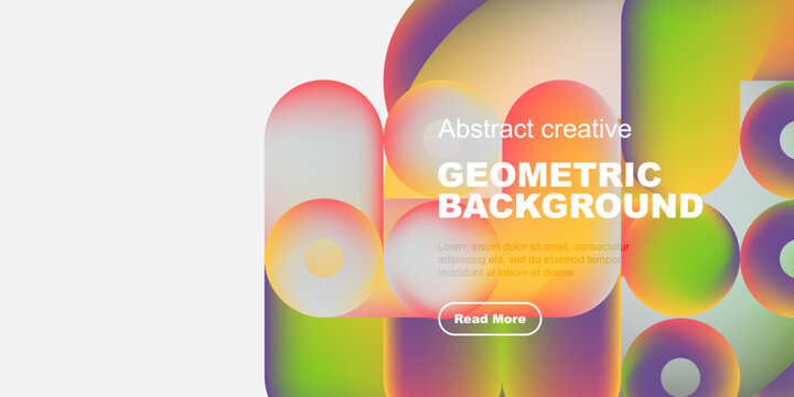 Abstract geometric shapes, vibrant colors, modern design. Text includes geometric background, plus sample lorem ipsum text, button.