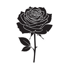 Black Silhouette of Rose Flower Vector Illustration Floral Bloom Design Natural Plant Decoration Isolated Background Garden Graphic Stem and Leaves Art