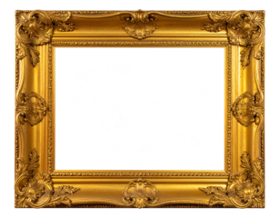 Ornate, rectangular, gold-colored picture frame with intricate carvings and a bright interior