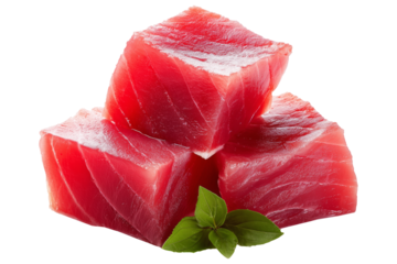 Fresh raw tuna cubes Micronesian sashimi isolated on white transparent background, representing seafood freshness.