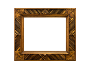 Ornate, rectangular, golden picture frame with geometric patterns and a stark black interior