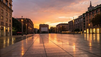 cinematic sunset urban scene Urban sunset reflecting on wet pavement in a city square with buildings.