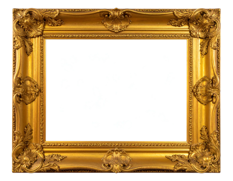 Ornate, rectangular, gold-colored picture frame with intricate carvings and a bright interior