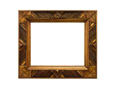 Ornate, rectangular, golden picture frame with geometric patterns and a stark black interior - Powered by Adobe