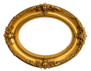 Ornately carved and gilded oval frame with elaborate floral and foliate design, isolated on black