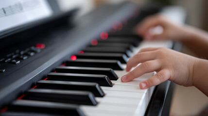 Fototapeta premium Child's hands playing on a piano keyboard.