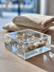 Rings and stones in a clear box with folded towels.