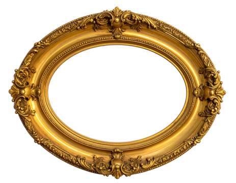 Ornately carved and gilded oval frame with elaborate floral and foliate design, isolated on black