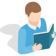 Isometric view of a person in a light blue sweater and white collar reading a blue book with a black shadow on a transparent background