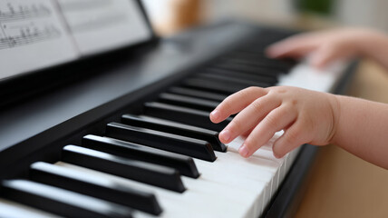 Obraz premium Child's hands playing piano keys, close-up musical focus.