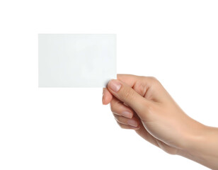 Human hand delicately presenting a blank white card against a solid black background