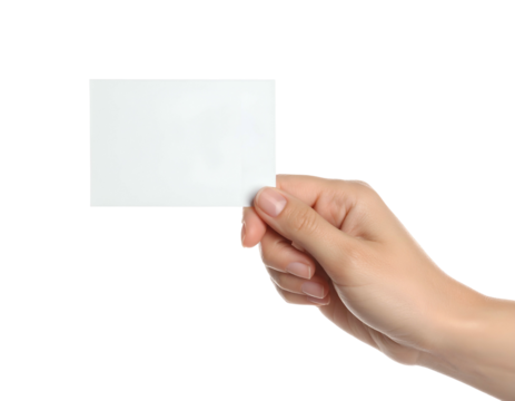 Human hand delicately presenting a blank white card against a solid black background