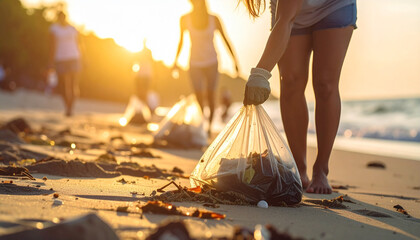 Volunteers collect trash from a sandy beach, promoting environmental cleanup and conservation efforts.