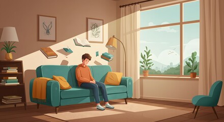 Fototapeta premium Young Boy Sitting on Modern Teal Sofa in Bright Living Room with Large Window and Indoor Plants