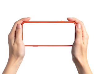 Human hands hold a blank screen device, a common scene captured against a black background