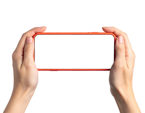 Human hands hold a blank screen device, a common scene captured against a black background - Powered by Adobe