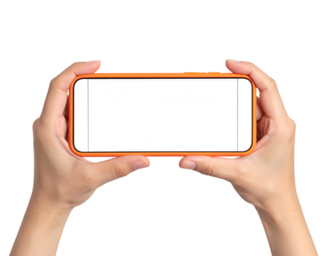 A person's hands hold an orange-framed rectangular display, blank white screen on a black background